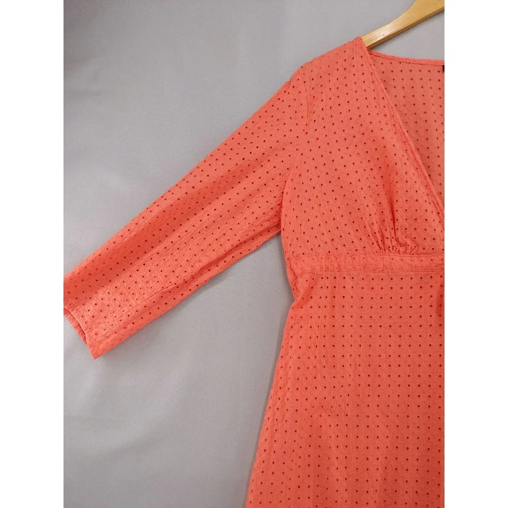 Talbots Eyelet Tunic Size L Coral Orange Empire Waist V-Neck Cotton 3/4 Slv